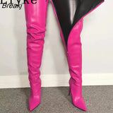 2023 New Green Leather Over The Knee Thigh High Boots Women Sexy Pointed Toe Zip 11.5CM Heels Nightclub Stripper