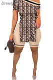 Fashion Printing Side Slit Top Two Piece Sets Women One Shoulder Tops + Shorts Outfits Summer Steetwear 2pcs