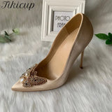 Glitter Bow Women Satin Pointy Toe High Heels Slip On Party Wedding Shoes Gorgeous Stiletto Pumps Size 33-45