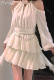Autumn Fairy Pure Color Short Party Dress Korean Fashion Elegant Mini Dress Woman Design Casual Long Sleeve Dress