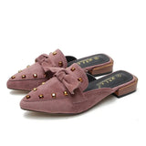 Shoes Mules For Women 2024 Ladies' Slippers Rivet Cover Toe Butterfly-Knot Low Square heel Loafers Flock New Pointed