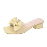 Plus Size 42 Green Bowknot Slippers Women Comfortable Low Heels Square Toe Slides Woman 2023 Summer Square Heels