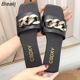 New Fashion Women's Slippers Square Toe Chain Slippers Flat Slide Sandals Beach Flip Flops Metal Decoration Casual