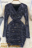 Sequins Glitter Bodycon Mini Dress Women Fashion Ruched Party Dress V-neck Long Sleeve High Waist Autumn Club Dress