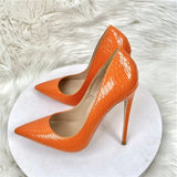 Shiny Orange Crocodile Effect Women Pointy Toe High Heel Shoes for Party Gorgeous Dress Stiletto Pumps Plus Size 44