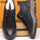 Winter Boots Men Genuine Leather Shoes Thick Sole Warm Plush Snow Boots Fashion Brand Cotton Male Ankle Botas Black