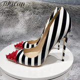 Red Spikes Poinry Toe Women Striped Print High Heel Party Shoes Sexy Ladies Slip On Designer Stiletto Pumps
