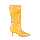 Women Mid-Calf Boots Sexy Solid Color Leather Folds Boots Pointed Toe Thin Heels Stiletto Party Shoes Large Size