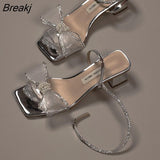 Sandals New Summer Fashion Silver Rhinestone Sandals Shallow Mouth Thick Heel Women's Shoes Fairy One Word Belt Half