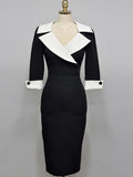 Fashion Elegant Office Lady Women Dress Sexy Retro Casual Turn-Down Collar Black Formal Slim Midi Party Pencil Femme
