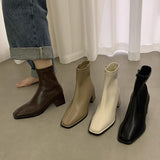 Square Head Elastic Thin French Short Boots 2024 New Autumn And Winter Brown Martin Boots Single