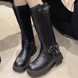 for Women 2023 Hot Sale Autumn Pull on Knee-High Women's Boots Solid Color Round Toe Platform Water Proof Western