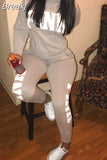 Casual PINK Letter Print Top And Pants Two Piece Sets Fall Winter O Neck Long Sleeve Matching Outfits Female