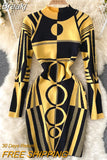 Women Autumn Long Sleeve Sweater Dress 2023 Elegant Ladies Stand Collar Geometric Print Slim Bodycon Mini Party Dress