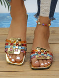 Breakj New Large-Size Color Weaving Leisure Flat-Bottomed Slippers Toe Fashion Flat-Bottomed Shoes Sandal Drag