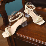 Women 's Crystal Chunky Heel Sandals Summer Shoes Square Toe Open Toe Buckle Pearl Decoration Mid Heel Women Ankle Strap