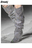 New Luxury Crystal Shoes Woman Pointed Toe Knee High Boots Sexy Rhinestone Chunky Spike Heel Boots Ladies Botas