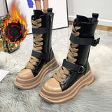 Platform Motorcycle Boots Women Autumn Winter PU Leather Mid Calf Boots Woman Punk Thick Bottom Combat Botas Mujer