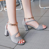 summer sexy fish mouth hollow Roman sandals thick with word with beaded high heels female summer Sexy female