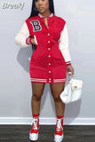 Women Long Sleeve Single Breasted Sweatshirt Style Baseball Casual Mini Dress Autumn 2023 Street Active Dresses