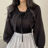 White Knitted Cardigan Women Summer Thin Sunscreen Lace-Up Knitwear Tops Female Korean Style Lantern Sleeve Short
