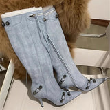 New Metal Rivet Women High Knee Boots Pointed Toe Thin Heels Designer Shoes Party Tassels Zipper-Sid Long Botas De