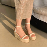 Sandals Espadrilles Platform 2023 Women's Clogs Wedge Suit Female Beige Heel Shoe Thick Square Toe Buckle Strap