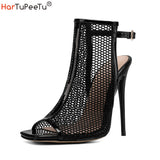 Women PU Leather Sandal Summer 2023 Fishnet Hole Design Peep Toe Thin High Pump Big Size 35~48 Gladiator Ankle Strap Dress