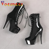 Women Boots Mid-Calf Sexy Hate Day High 17 20CM Round Toe Pole Dance Shoes Nightclub Zipper Lace-up Black Roman