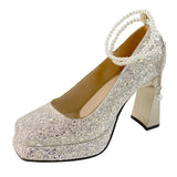 2023 Luxury Glitter Sequins Pumps Women Pearls Strap Bling Wedding Party Shoes Woman Square Toe High Heels Shoes