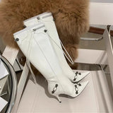 New Metal Rivet Women High Knee Boots Pointed Toe Thin Heels Designer Shoes Party Tassels Zipper-Sid Long Botas De