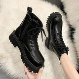 Autumn Winter Platform Ankle Boots Women Thick Sole Pu Leather Biker Boots Woman 2023 Short Plush Lace-Up Shoes