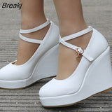 White Platform Wedges Wedding Shoes Pumps Women High Heels Round Toe Pumps Cross Buckle Fashion Footwear Leisure Mary