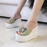 Rhinestone Wedges Heel Women Slippers Platform Shoes Peep Toe Height Increasing Slides Ladies Sandals Zapatos De