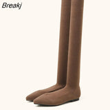 Slim Leg Thigh High Sock Boots Women Cozy Gray Stretch Fabric Pointed Toe Flat Heels Over The Knee Slip On Shoes
