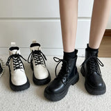 Platform Combat Boots for Women Autumn Winter PU Leather Ankle Booties Women Punk Thick Bottom Non Slip Motorcycle