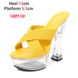 Light Up Transparent High Heels 15CM Square Heel Summer Sandals Women's Platform Luminous Shoes Club Fashion Weave