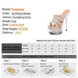 Women New Crystal Slippers 14.5CM Fashion Model High Heels Summer Thin Heels Sexy Party Shoes Waterproof Platform Sequin