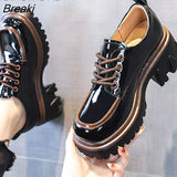 Style Chunky Platform Pumps Casual Women's 2023 Autumn Lace Up Thick Heels Loafers Woman Round Toe Patent Leather