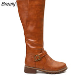 Women's Knee High Boots Fashion Low Heels Square Platform Long Boots Brown Black Leather PU Zip Winter Woman Warm Shoes