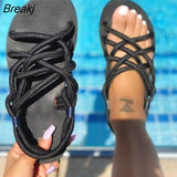 Size Women Sandals 2023 Summer Flat Women's Shoes Hemp Rope Set Foot Beach Sandals Outdoor All-match Casual