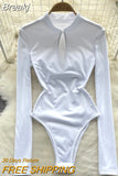Women Black Long Sleeve Bodysuits New Spring Autumn Stand Collar Hollow Out Front Slim Fit Body Tops Fashion