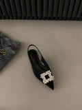 Flat-Bottomed Black Baotou Sandals Fairy Shoes 2023 New Spring And Summer Pointed Diamond Single