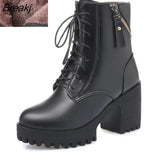 Women's Ankle 2023 New Genuine Leather Natural Wool Warm Winter Winter Chunky Heel Thick Bottom Platform Round Head Lace-up