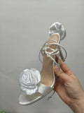 Breakj New Round Head Thin Heel Ultra High Heel Silk Satin Rose Heel Strap Large Size One Word Belt Sandal