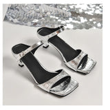 Gold Silver Mule Slippers Woman Luxury Square Toe High Heel Sandals Ladies Summer Slip-on Buckle Dress