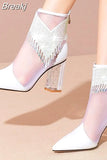 Fashion Boots Women 2023 New Tassel Rhinestone Ladies Pointed Toe Chunky Heels Dress Party Women Mesh Sandals