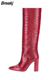Women's Knee High Boots Tall Canister Sexy Women Boots Pointed Toe Chunky Heel Crocodile Print Women Boots High-heeled