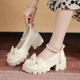mary jane Shoes heels Fashion Round Head Band Heel Shoes Bow Pearl Square Heel Low-top Pumps Women Shoes Tacones
