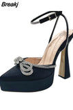 Women Pointed Toe Rhinestone Crystal Bowknot Ankle Strap Ladies Prom Footwear Sexy Platform Sandals High Thin Heels Ankle